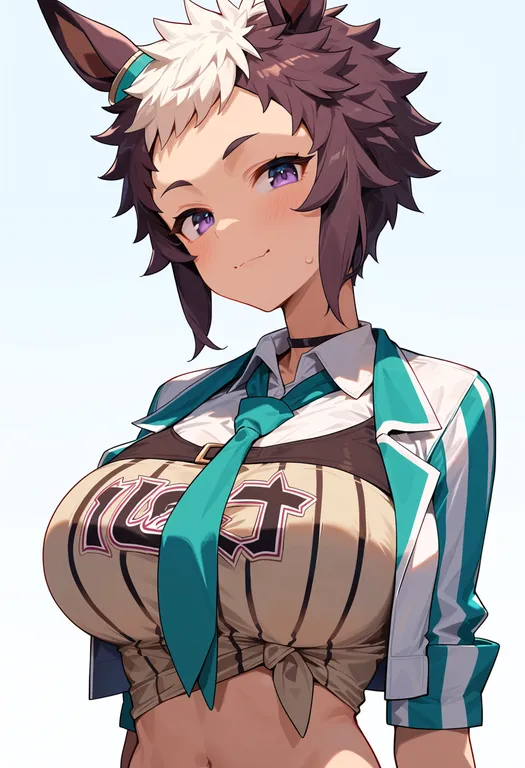 masterpiece, best quality, score_7, safe, mejiro ryan (umamusume), umamusume, solo, upper body, simple background — by k3scat, made with ComfyUI