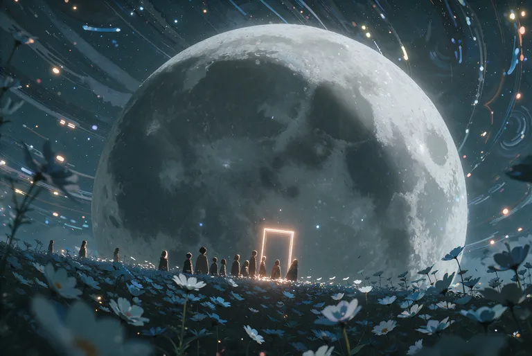 zidiusArt, --preview，@wdlnai13, anime-style gigantic neon moon, resting in a field of star flowers… — by 天才美少女, made with ComfyUI