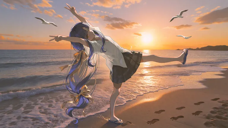 1girl, solo, full_body, orange_theme, golden_hour, beach, shoreline, wet_sand, footprints, waves, ocean… — by qiye1145, made with SD WebUI