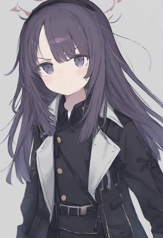 masterpiece, best quality, general, black coat, 1girl, solo, simple background — by k3scat, made with ComfyUI