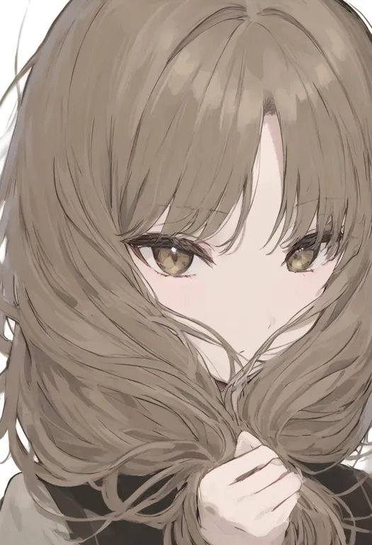 masterpiece, best quality, general, holding own hair, 1girl, solo, portrait, simple background — by k3scat, made with ComfyUI