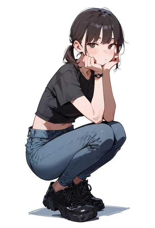 masterpiece, best quality, score_7, safe, hiding, 1girl, solo, full body, simple background — by k3scat, made with ComfyUI