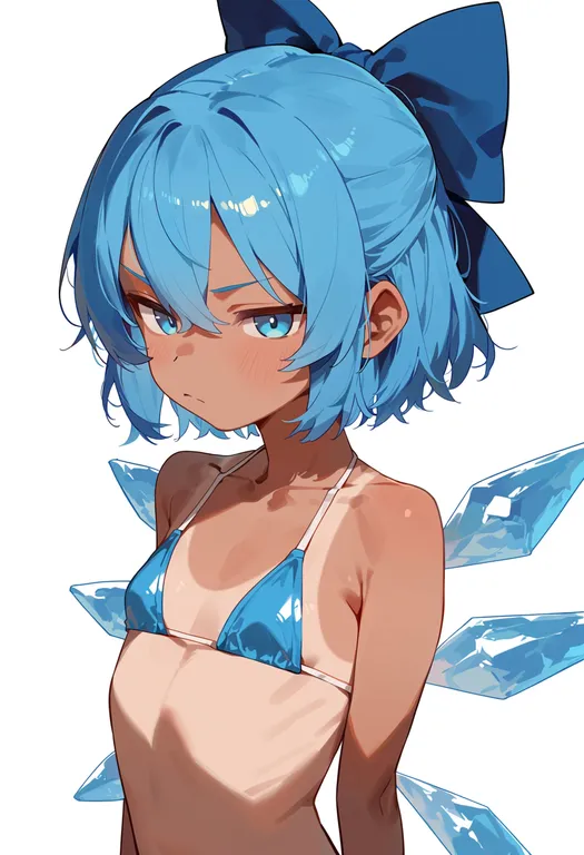 masterpiece, best quality, score_7, safe, tanned cirno, solo, upper body, simple background — by k3scat, made with ComfyUI