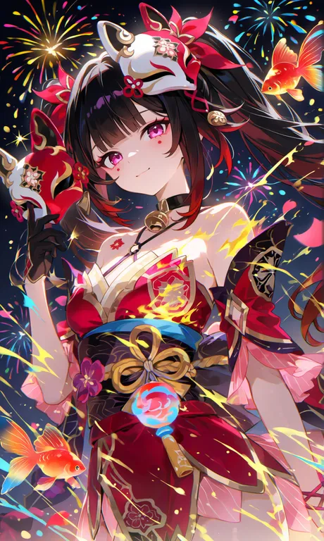 The flames burn her clothes to shreds, like dancing butterflies of fire. Beneath a sky of fireworks… — by 三叶草, made with ComfyUI
