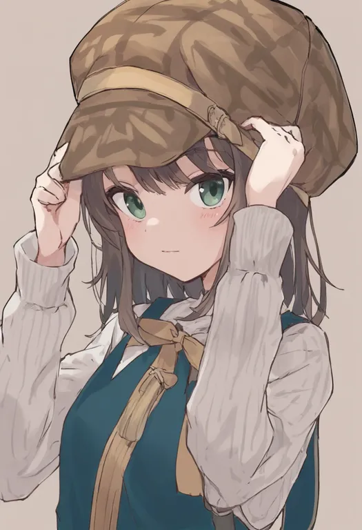 masterpiece, best quality, general, hands on headwear, 1girl, solo, upper body, simple background — by k3scat, made with ComfyUI