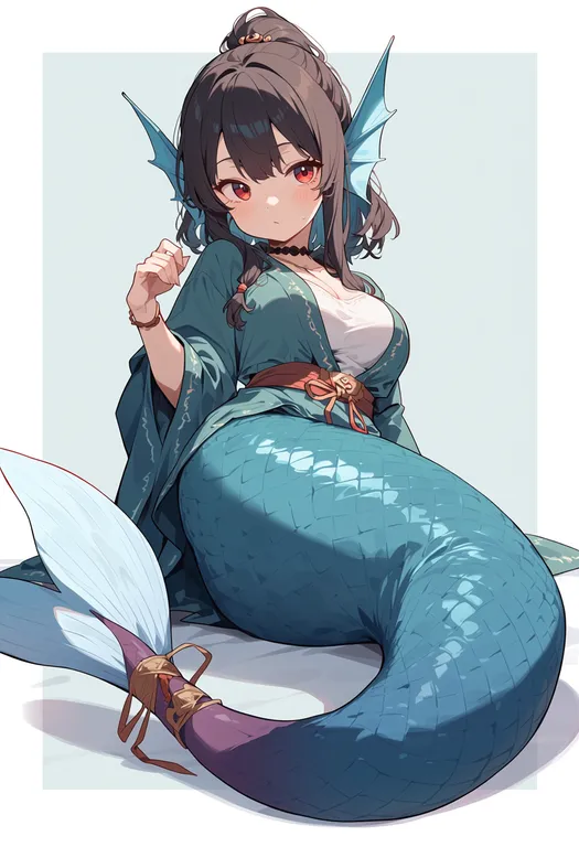masterpiece, best quality, score_7, safe, head fins, 1girl, solo, simple background — by k3scat, made with ComfyUI