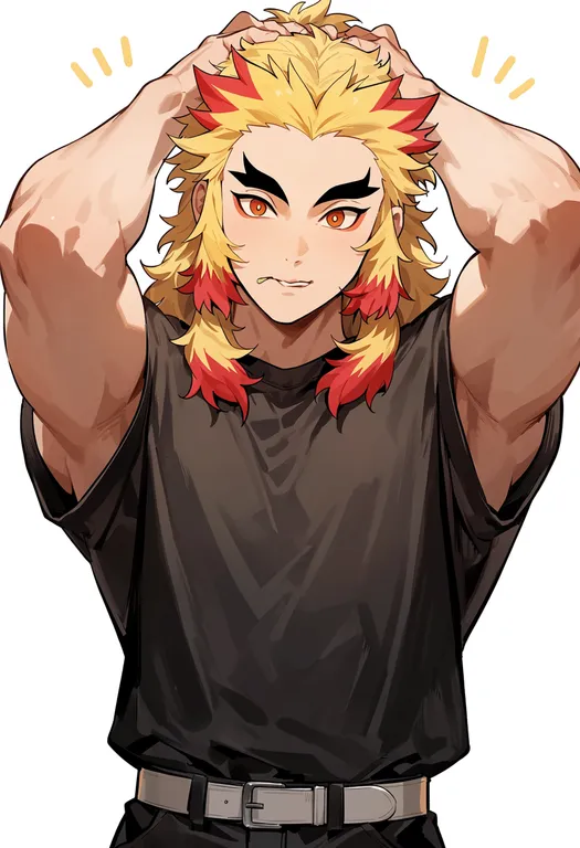masterpiece, best quality, score_7, safe, rengoku kyoujurou, solo, upper body, simple background — by k3scat, made with ComfyUI