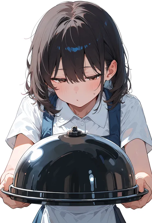 masterpiece, best quality, score_7, safe, serving dome, 1girl, solo, upper body, simple background — by k3scat, made with ComfyUI