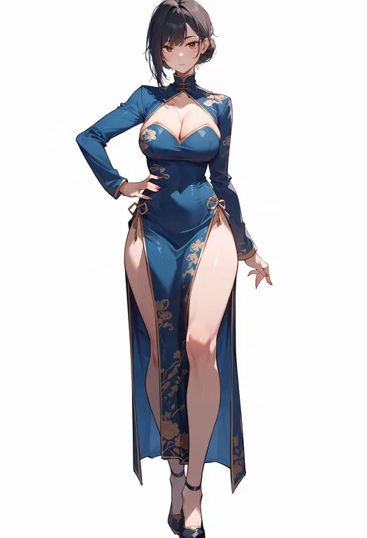 masterpiece, best quality, score_7, safe, qipao, 1girl, solo, full body, simple background — by k3scat, made with ComfyUI