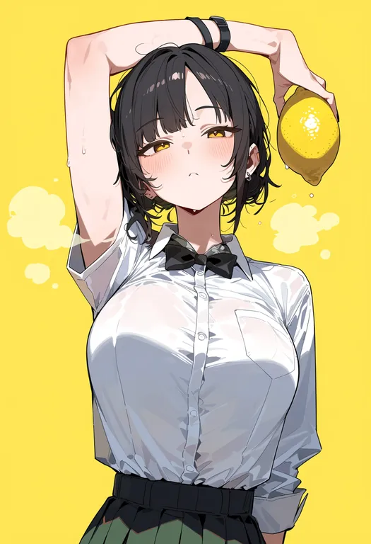 masterpiece, best quality, score_7, safe, lemon, 1girl, solo, upper body, simple background — by k3scat, made with ComfyUI