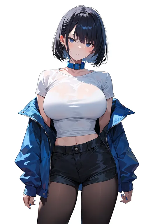 masterpiece, best quality, score_7, safe, blue collar, 1girl, solo, simple background — by k3scat, made with ComfyUI