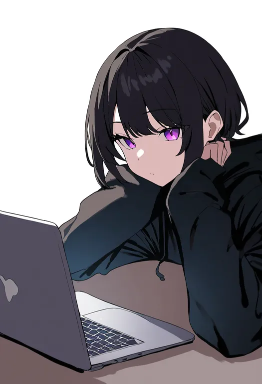 masterpiece, best quality, newest, absurdres, highres, safe, laptop, 1girl, solo, simple_background — by k3scat, made with ComfyUI
