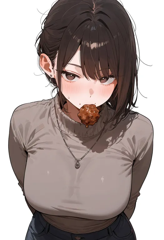 masterpiece, best quality, score_7, safe, meatball, 1girl, solo, upper body, simple background — by k3scat, made with ComfyUI