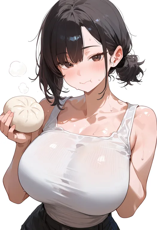 masterpiece, best quality, score_7, safe, steamed bun, 1girl, solo, upper body, simple background — by k3scat, made with ComfyUI