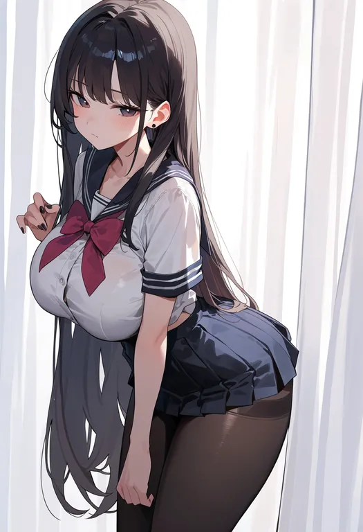masterpiece, best quality, score_7, safe, curtains, 1girl, solo, simple background — by k3scat, made with ComfyUI