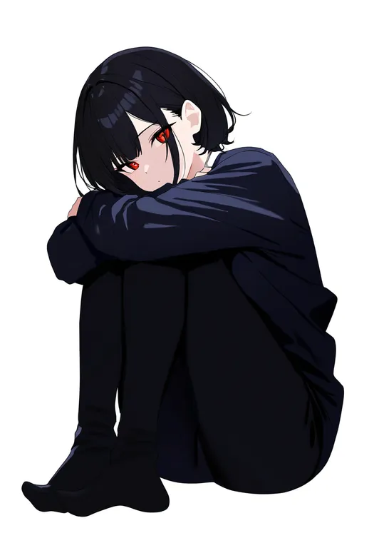 masterpiece, best quality, newest, absurdres, highres, safe, hugging_own_legs, 1girl, solo, full_body, simple_background — by k3scat, made with ComfyUI