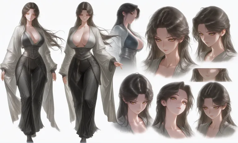 character design sheet, multiple angles, full body, (front view, side view, back view:1.3), height chart… — by amnesia破产, made with ComfyUI