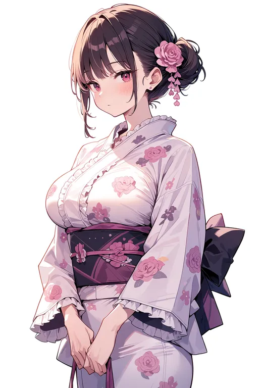masterpiece, best quality, score_7, safe, frilled kimono, 1girl, solo, simple background — by k3scat, made with ComfyUI