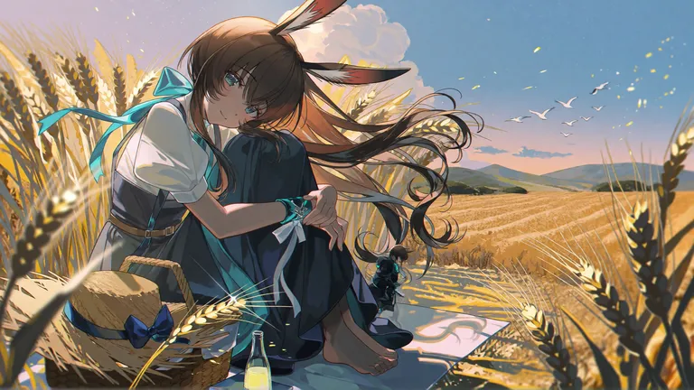 Amiya sits sideways on a small picnic blanket between the tall wheat stems… — by qiye1145, made with SD WebUI