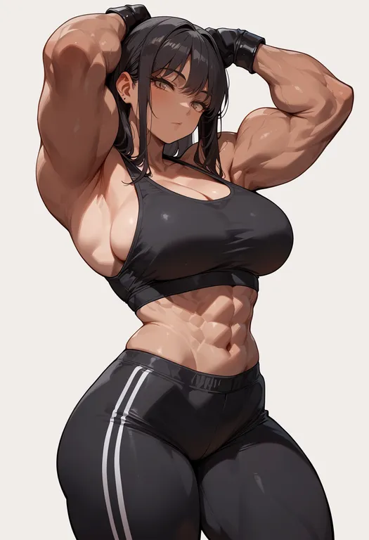 masterpiece, best quality, score_7, safe, muscular arms, 1girl, solo, simple background — by k3scat, made with ComfyUI