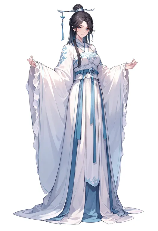 masterpiece, best quality, score_7, safe, white hanfu, 1girl, solo, simple background — by k3scat, made with ComfyUI