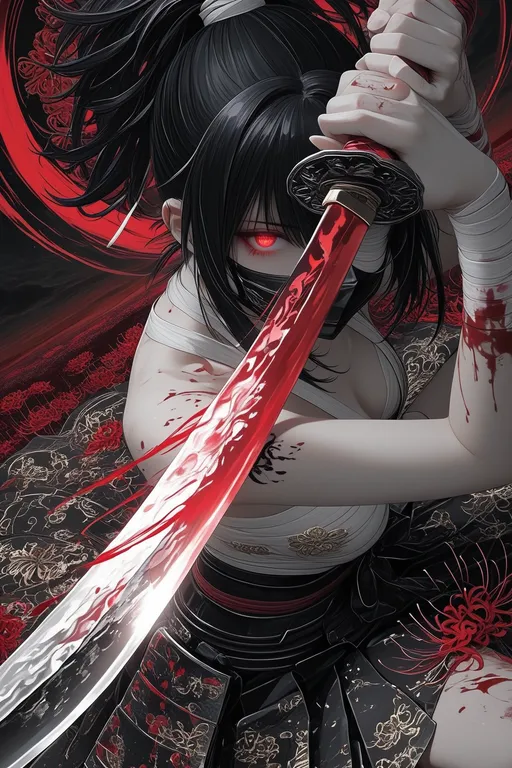 (upper half body close up:1.3), character focus, 1 samurai girl, high ponytail, long black hair, hair tied up… — by Nick man, made with ComfyUI