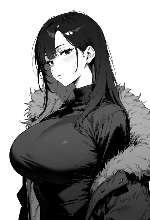 masterpiece, best quality, score_7, safe, fur-trimmed coat, 1girl, solo, upper body, simple background — by k3scat, made with ComfyUI