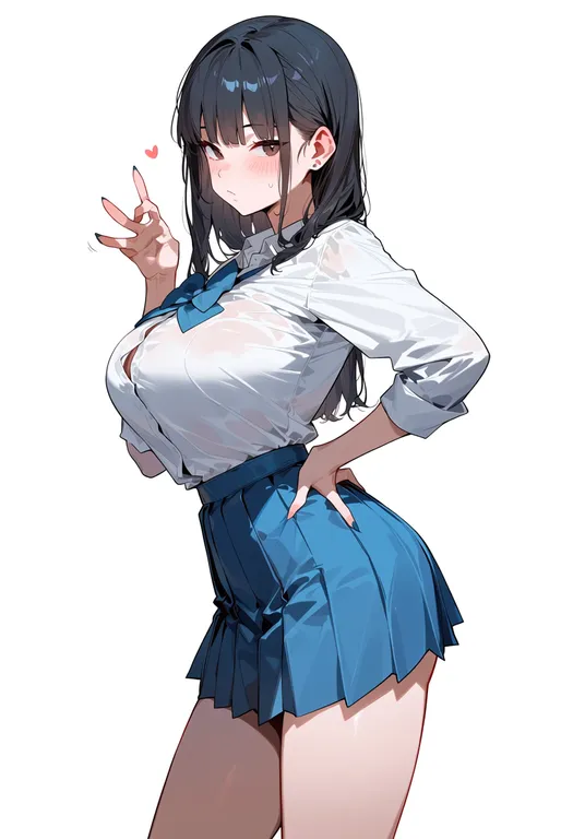 masterpiece, best quality, score_7, safe, blue skirt, 1girl, solo, simple background — by k3scat, made with ComfyUI