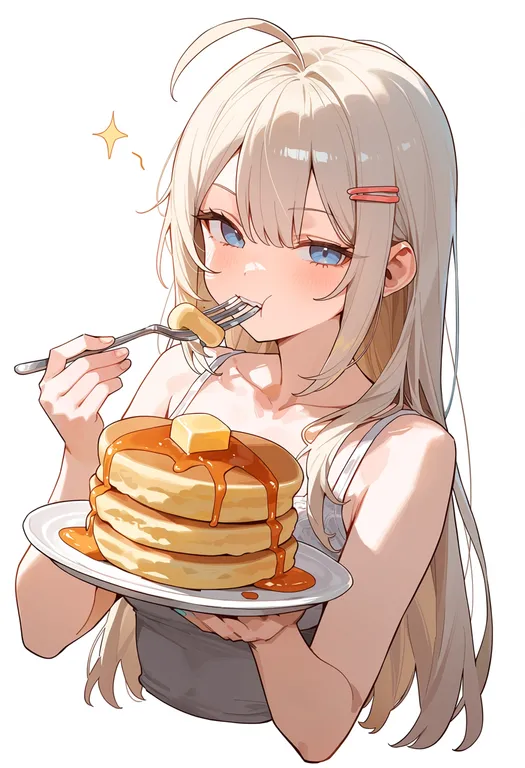masterpiece, best quality, score_7, safe, pancake stack, 1girl, solo, upper body, simple background — by k3scat, made with ComfyUI