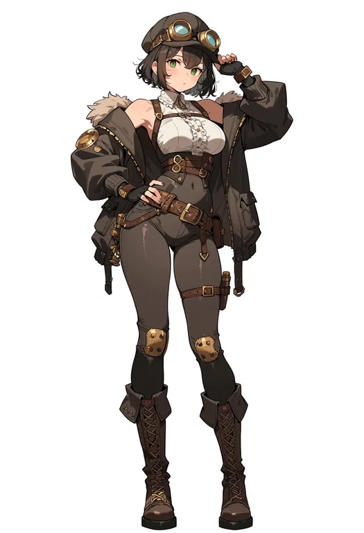 masterpiece, best quality, score_7, safe, steampunk, 1girl, solo, full body, simple background — by k3scat, made with ComfyUI