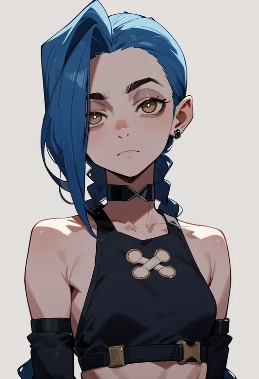 masterpiece, best quality, score_7, safe, arcane jinx, solo, upper body, simple background — by k3scat, made with ComfyUI