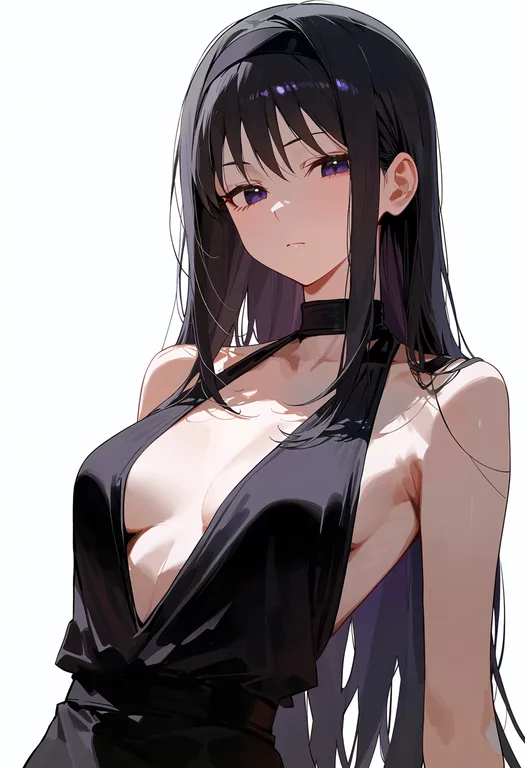 masterpiece, best quality, score_7, safe, akemi homura (black dress), solo, upper body, simple background — by k3scat, made with ComfyUI