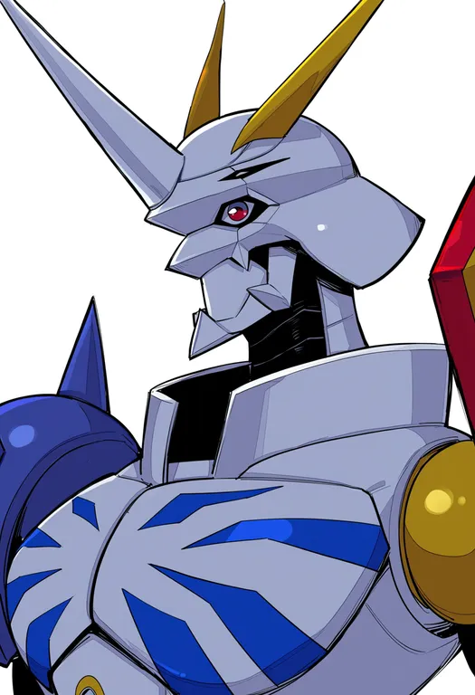masterpiece, best quality, score_7, safe, omegamon, solo, upper body, simple background — by k3scat, made with ComfyUI