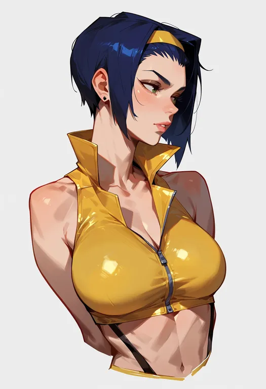 masterpiece, best quality, score_7, safe, faye valentine, solo, upper body, simple background — by k3scat, made with ComfyUI