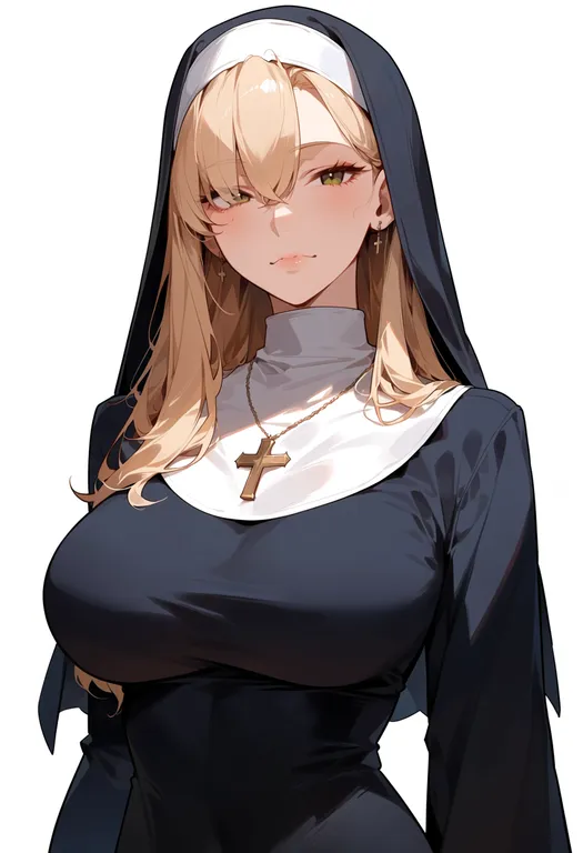 masterpiece, best quality, score_7, safe, spicy nun (diva), solo, upper body, simple background — by k3scat, made with ComfyUI