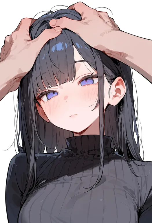 masterpiece, best quality, score_7, safe, hands on another's head, 1girl, solo, upper body, simple background — by k3scat, made with ComfyUI