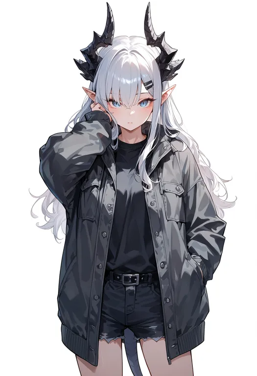 masterpiece, best quality, score_7, safe, dragon horns, 1girl, solo, simple background — by k3scat, made with ComfyUI