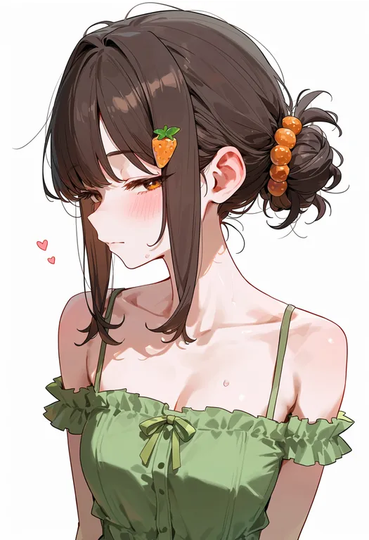 masterpiece, best quality, score_7, safe, food-themed hair ornament, 1girl, solo, upper body, simple background — by k3scat, made with ComfyUI