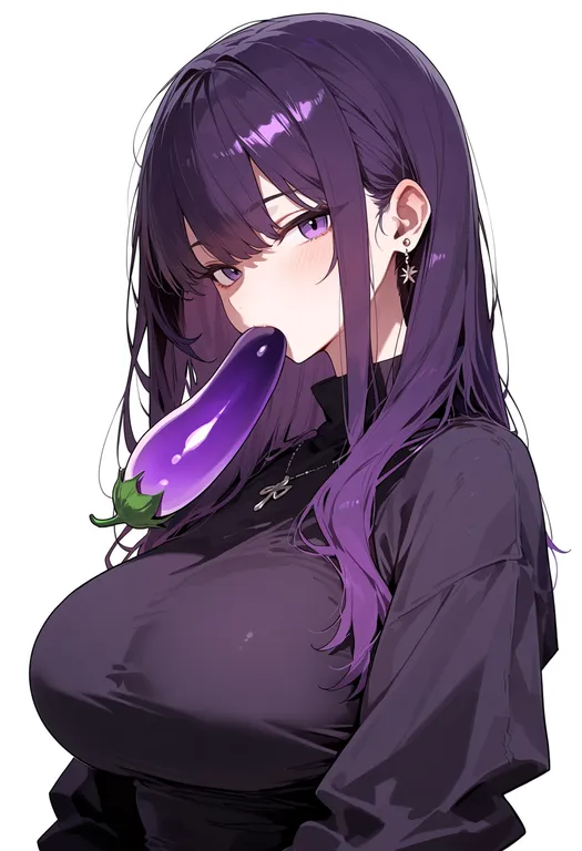 masterpiece, best quality, score_7, safe, eggplant, 1girl, solo, upper body, simple background — by k3scat, made with ComfyUI