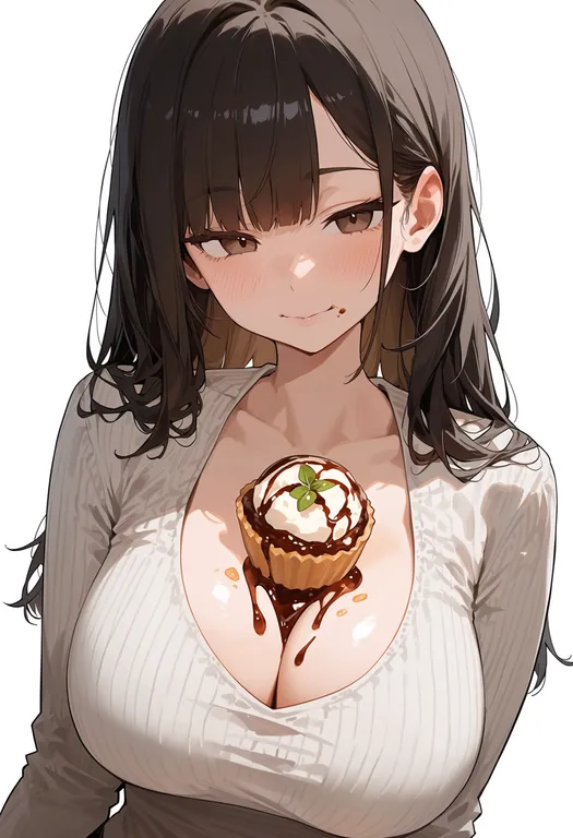 masterpiece, best quality, score_7, safe, food between breasts, 1girl, solo, upper body, simple background — by k3scat, made with ComfyUI
