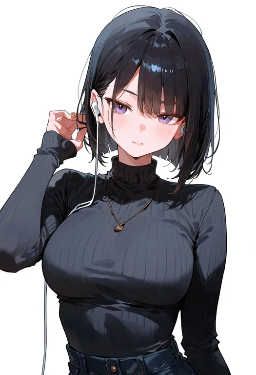 masterpiece, best quality, score_7, safe, earphones, 1girl, solo, upper body, simple background — by k3scat, made with ComfyUI
