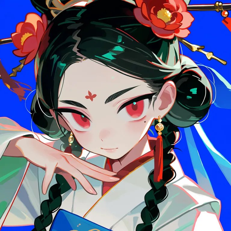 1girl, solo, original, black hair, long hair, twin braids, hair ornament, flower hair ornament, hair bun, red eyes… — by cb z, made with ComfyUI