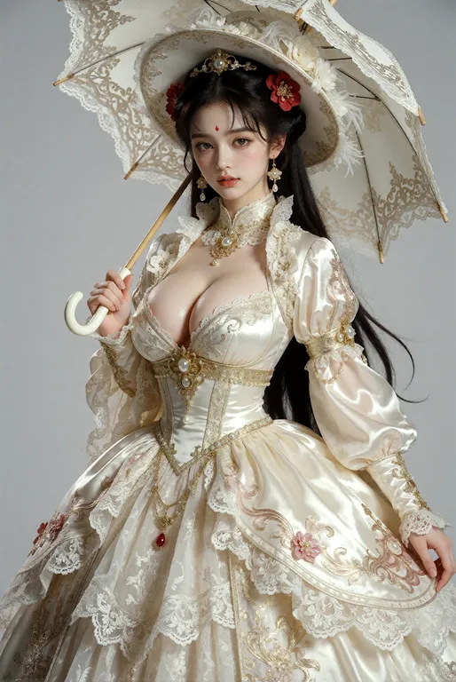 一位身材极致火辣的东方古典美女，长直黑亮长发及腰，头发带有自然光泽，搭配红色花朵发饰和金色发簪，眉心一点鲜红印记，脸庞精致五官立体，红唇丰润微启，眼神妩媚自信略带魅惑，皮肤白皙细腻带有珠光质感，身材高挑丰满，胸部丰挺腰肢纤细，臀部圆润翘挺，… — by kessness, made with ComfyUI