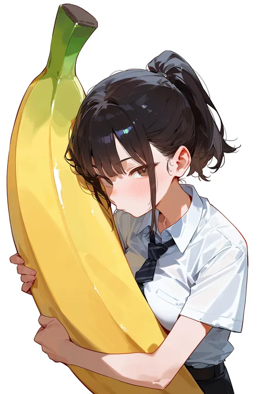 masterpiece, best quality, score_7, safe, on banana, 1girl, solo, upper body, simple background — by k3scat, made with ComfyUI
