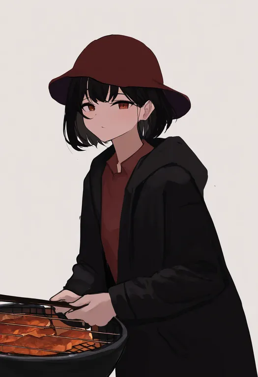 masterpiece, best quality, newest, absurdres, highres, safe, grilling, 1girl, solo, full_body, simple_background — by k3scat, made with ComfyUI