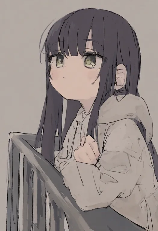 masterpiece, best quality, general, hand on railing, 1girl, solo, simple background — by k3scat, made with ComfyUI