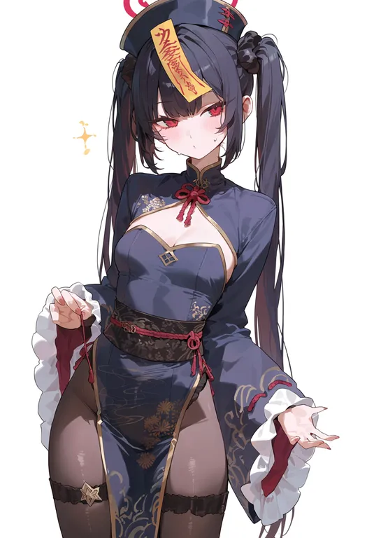 masterpiece, best quality, score_7, safe, ofuda on head, 1girl, solo, simple background — by k3scat, made with ComfyUI