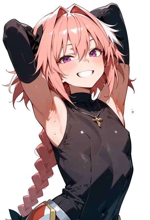 masterpiece, best quality, score_7, safe, astolfo (rider) (fate), solo, upper body, simple background — by k3scat, made with ComfyUI