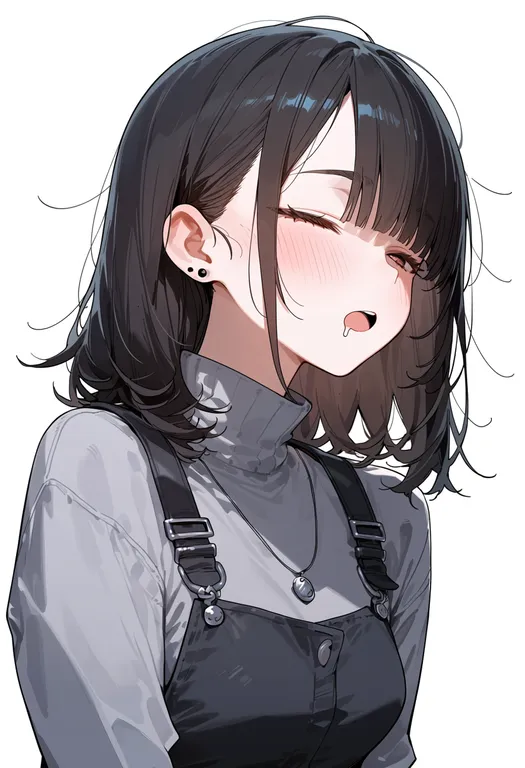 masterpiece, best quality, score_7, safe, mouth drool, 1girl, solo, portrait, simple background — by k3scat, made with ComfyUI