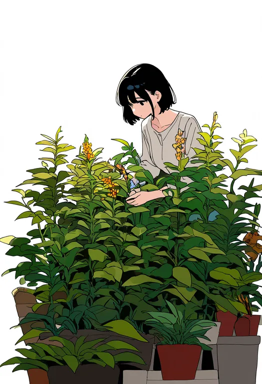 masterpiece, best quality, newest, absurdres, highres, safe, gardening, 1girl, solo, full_body, simple_background — by k3scat, made with ComfyUI